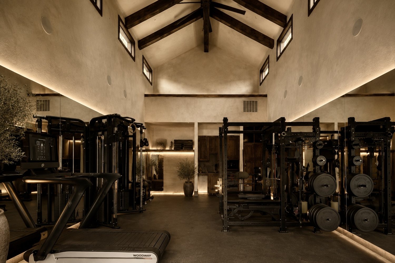 Vaulted fitness barn with racks and cardio equipment