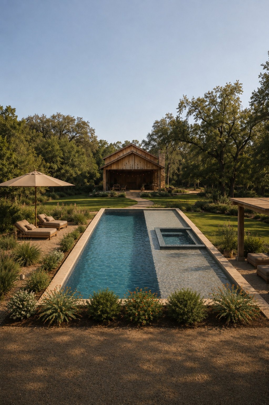 Fieldwell Ranch pool and barn at golden hour