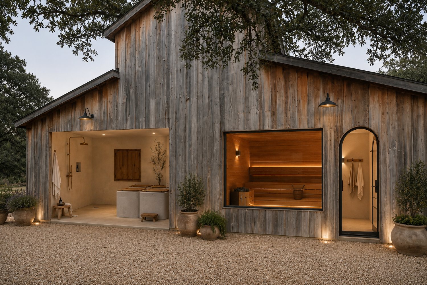 Outdoor shower, cold plunge tubs and lit sauna at dusk